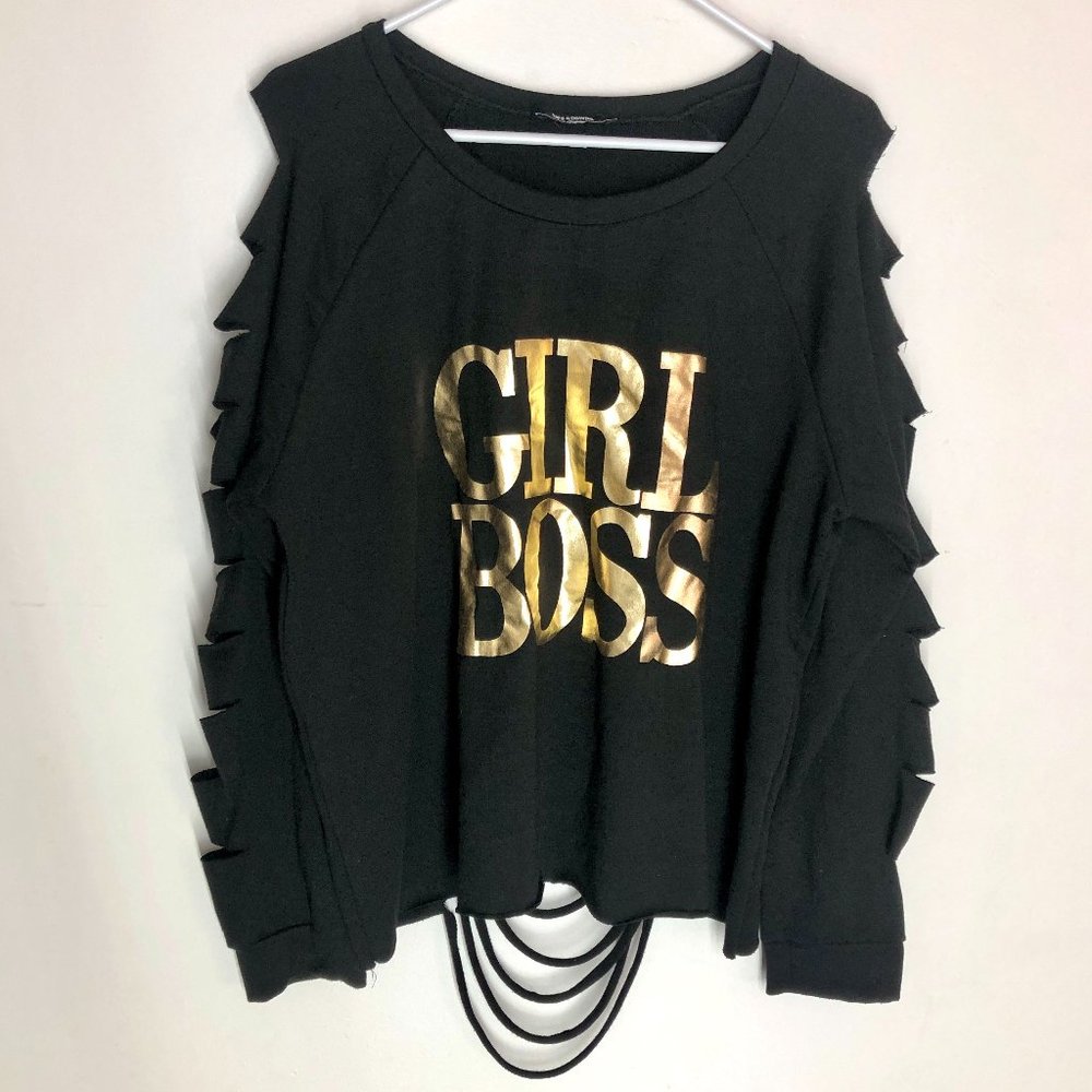 Ups & Downs GIRL BOSS shredded long sleeve shirt